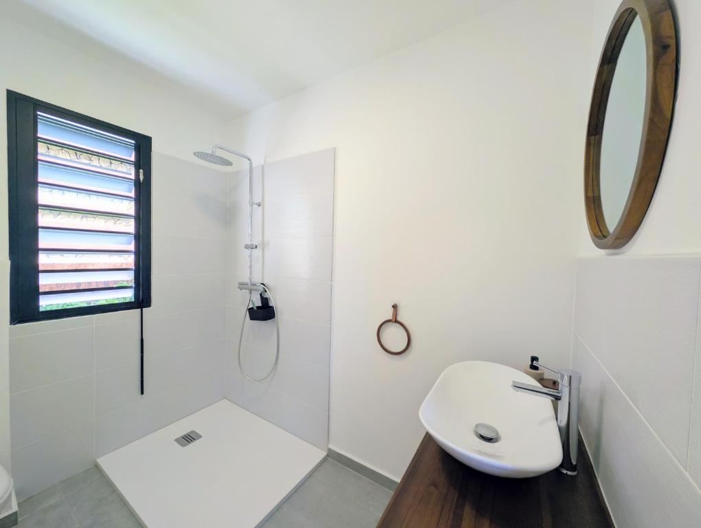 Salle d'eau lumineuse avec vasque et douche