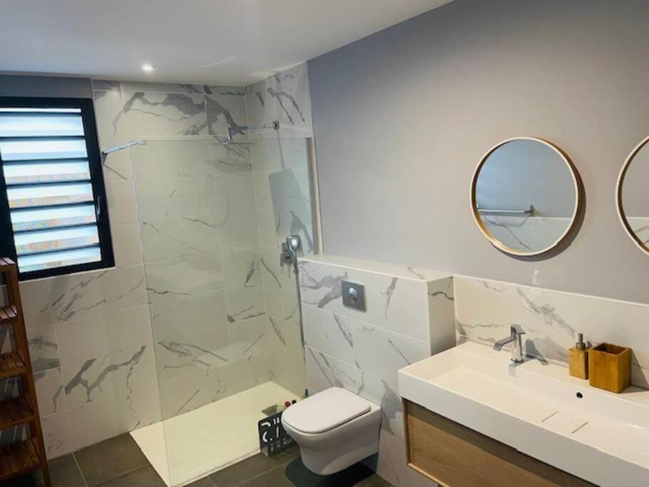 Salle de bains en marbre avec douche à l'italienne et double miroir